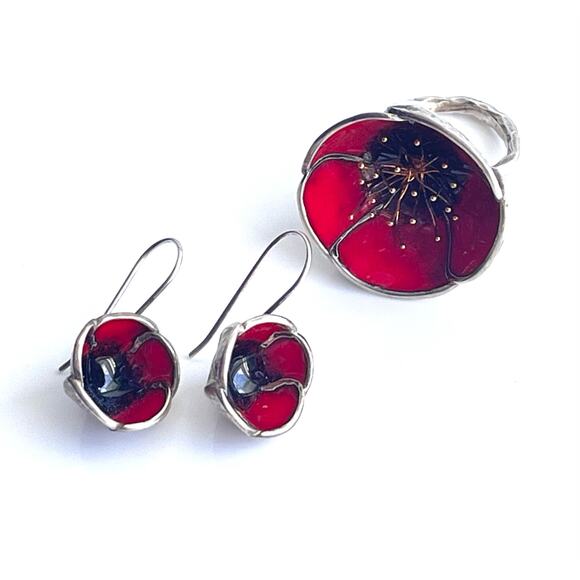Red Poppy Flower RING & EARRINGS Set 925 Sterling Silver Adjustable Size - Picture 2 of 14